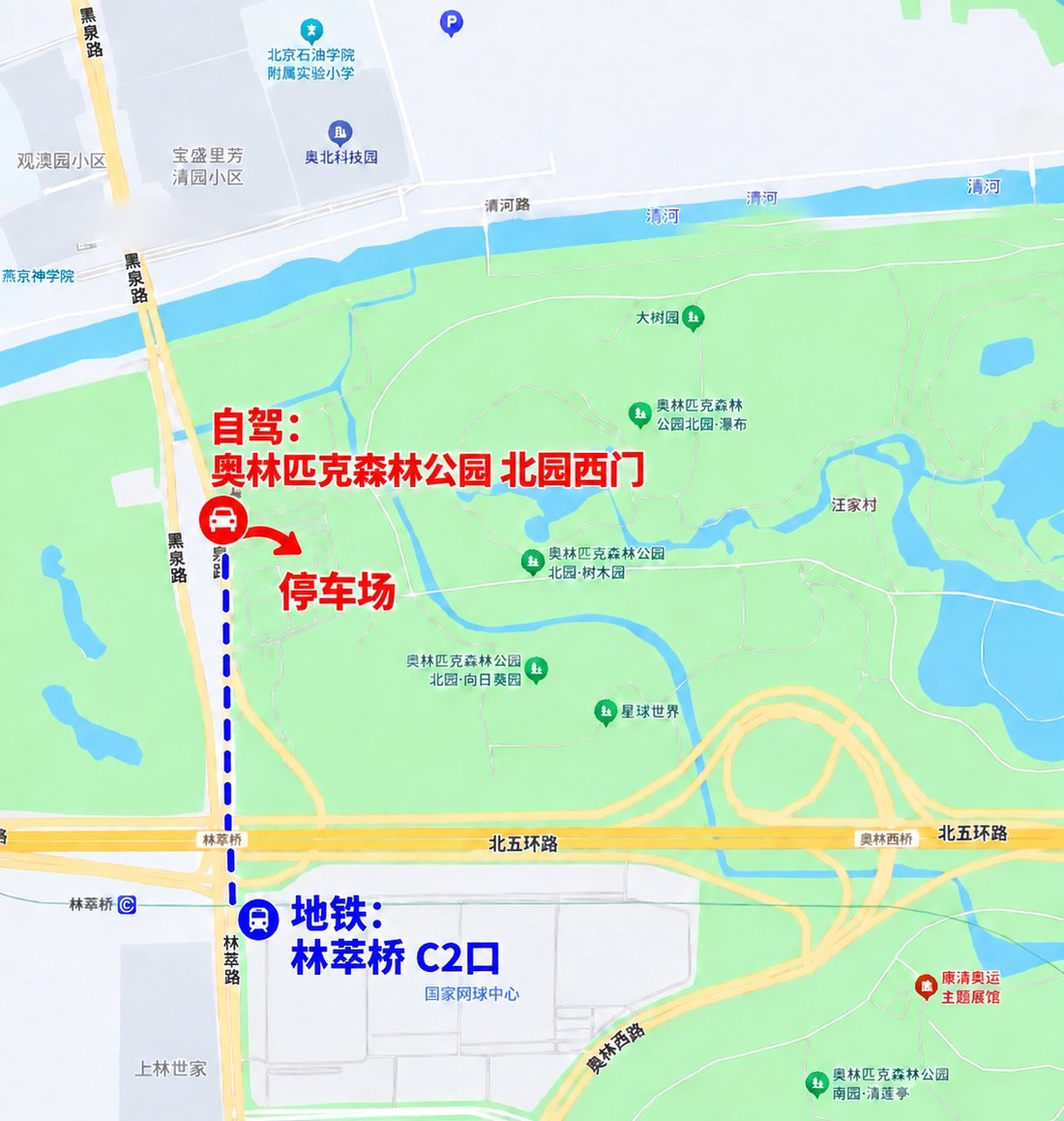 奥林匹克森林公园北园西门到达方式地图：红线为步行路线，圆点为地铁林萃桥站 C2 口