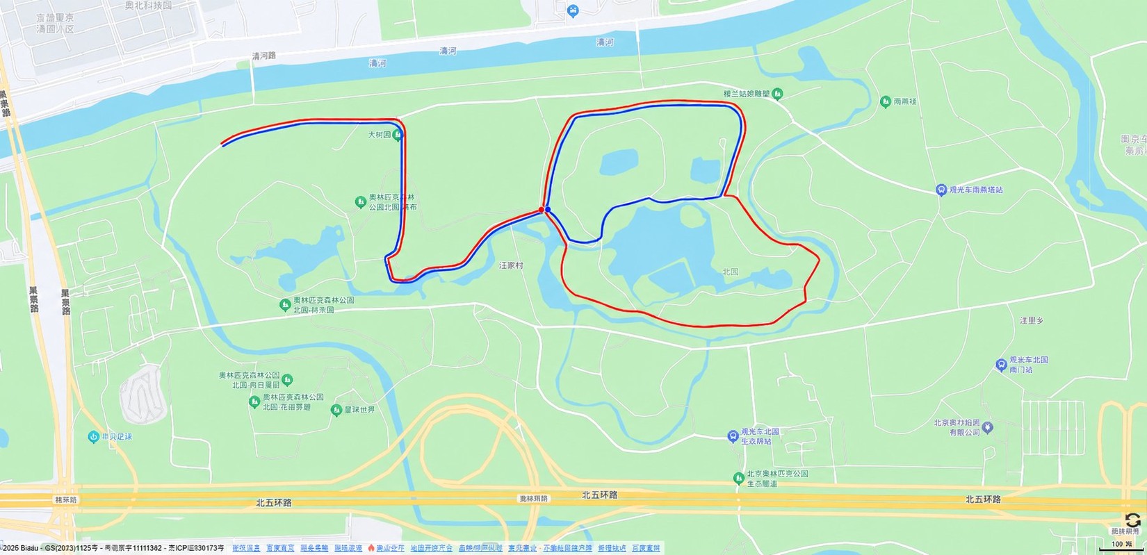 奥林匹克森林公园北园跑步路径地图：北园西门进出，园内按预定路线跑出「20」图案，总里程约 5 公里